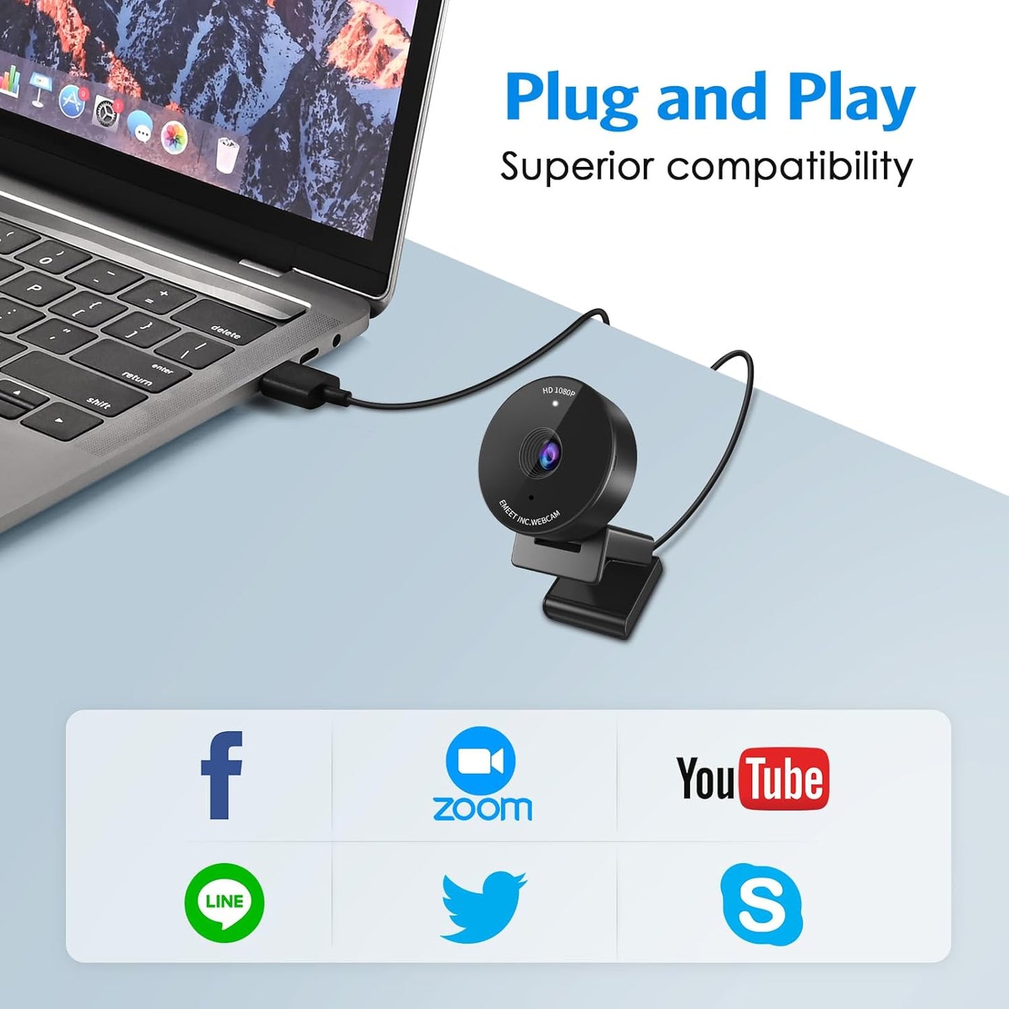 1080P Webcam - USB Webcam with Microphone & Physical Privacy Cover, Noise-Canceling Mic, Auto Light Correction, Fixed Focus, C950 Ultra Web Cam W/ 70°View for Meeting/Online Classes/Zoom/Youtube