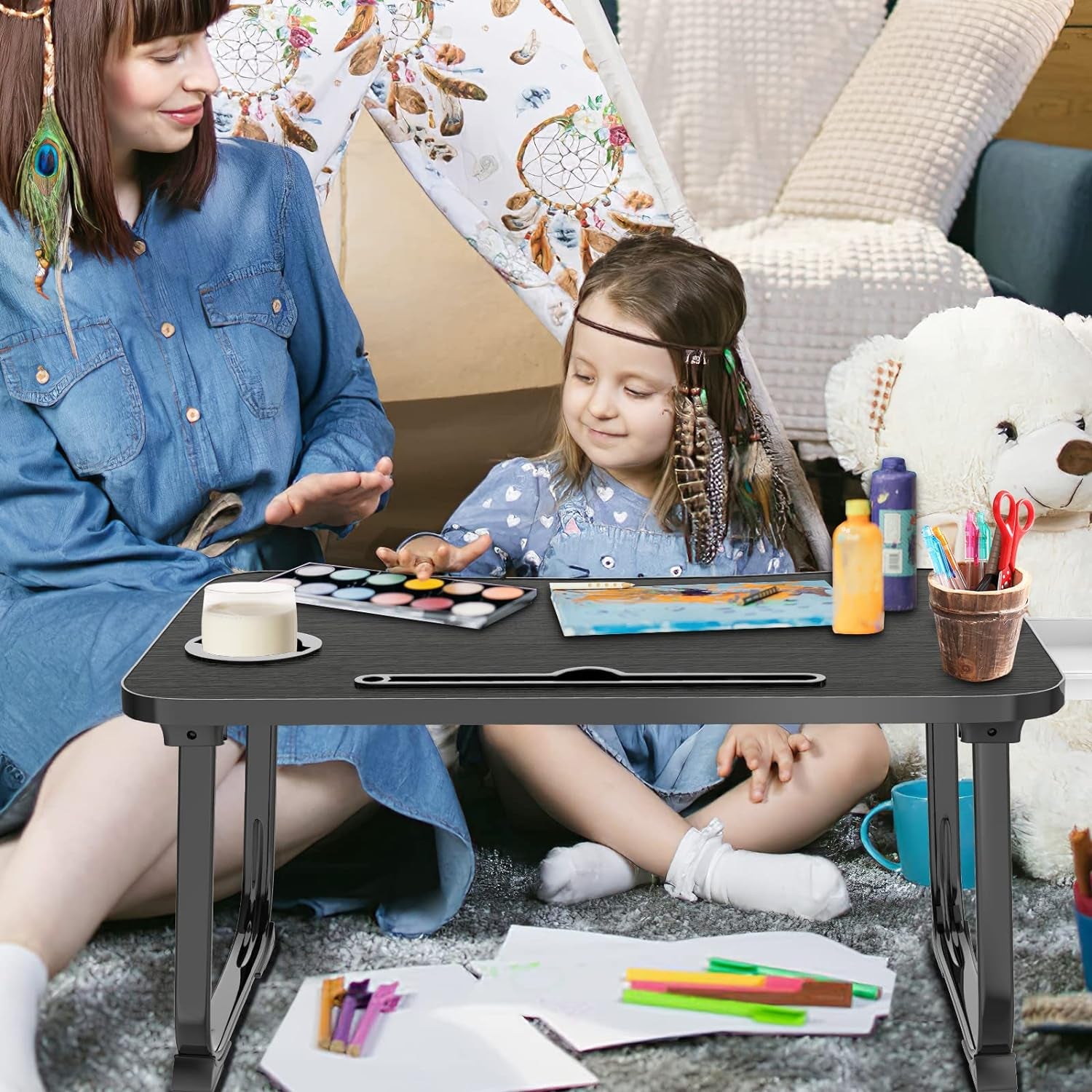 Portable Foldable Lap Desk with Storage Drawer and Cup Holder - Laptop Bed Stand Tray Table for Eating, Reading and Working