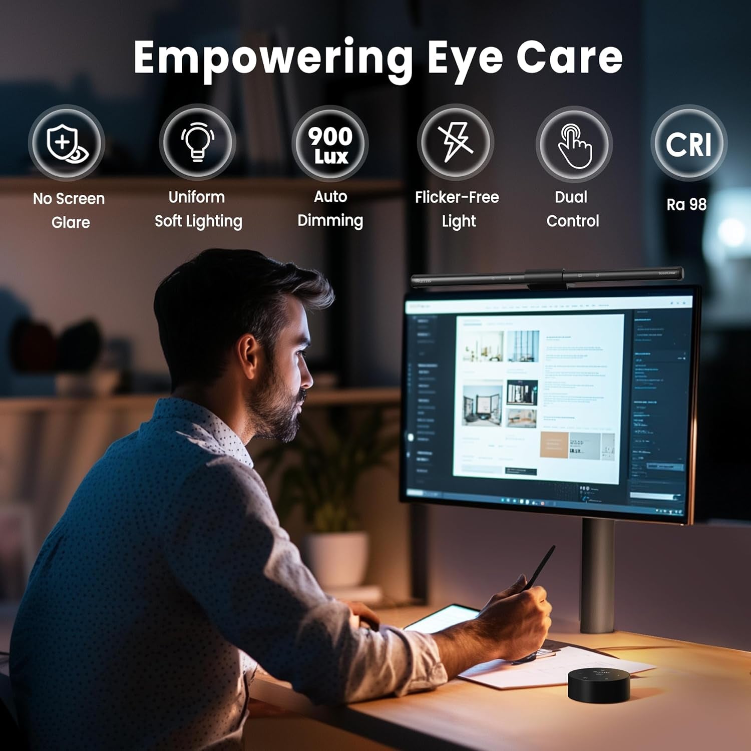 Computer Monitor Lamp, Screen Monitor Light Bar for Eye Caring, USB Reading LED Task Lamp with Auto-Dimming, Dimmable Light Bar, Touch Control, No Glare Space Saving Home Office Desk Lamps
