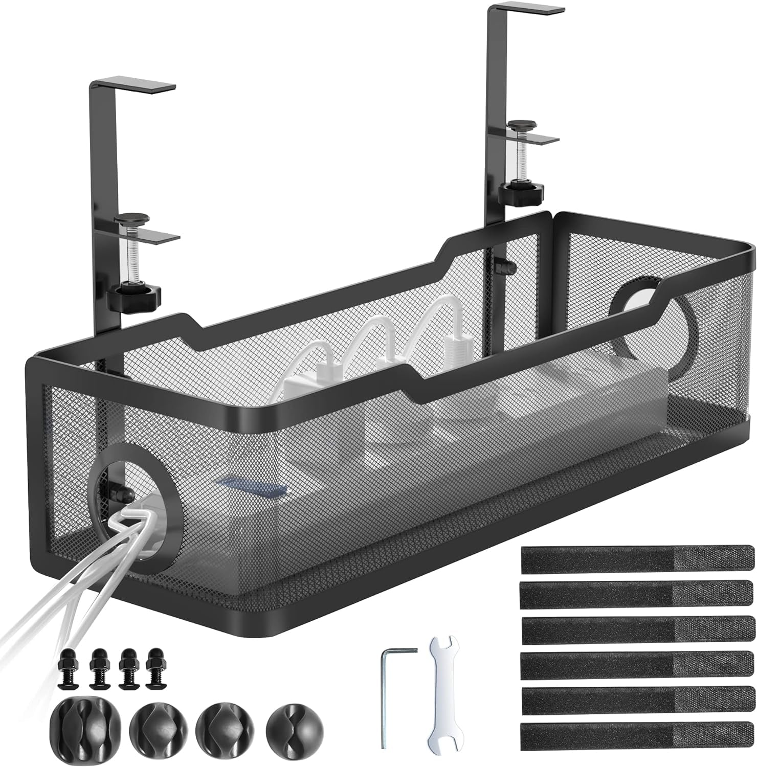 Under Desk Cable Management Tray Black,  Wire Organizers No Drill, Cable Tray with Clamp for Wire Management, Cord Organization Box for Office, Home - No Damage to Desk