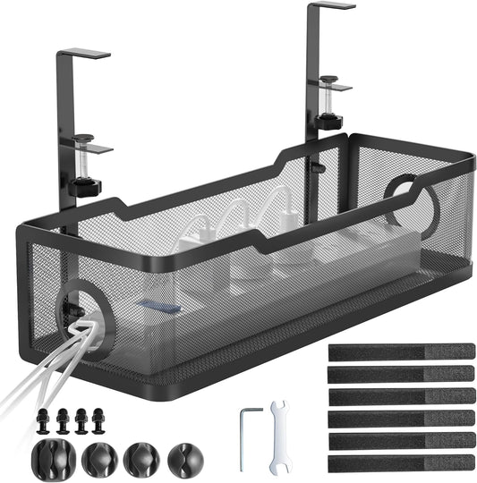 Under Desk Cable Management Tray Black,  Wire Organizers No Drill, Cable Tray with Clamp for Wire Management, Cord Organization Box for Office, Home - No Damage to Desk