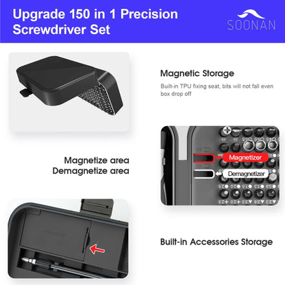 Precision Screwdriver Set,  150 in 1 Electronics Tool Kit with 120 Bits Magnetic Screwdriver Set & 30-Bit Tool Set Handy Repair Tool for Computer Phone Watch Camera Laptop, Black