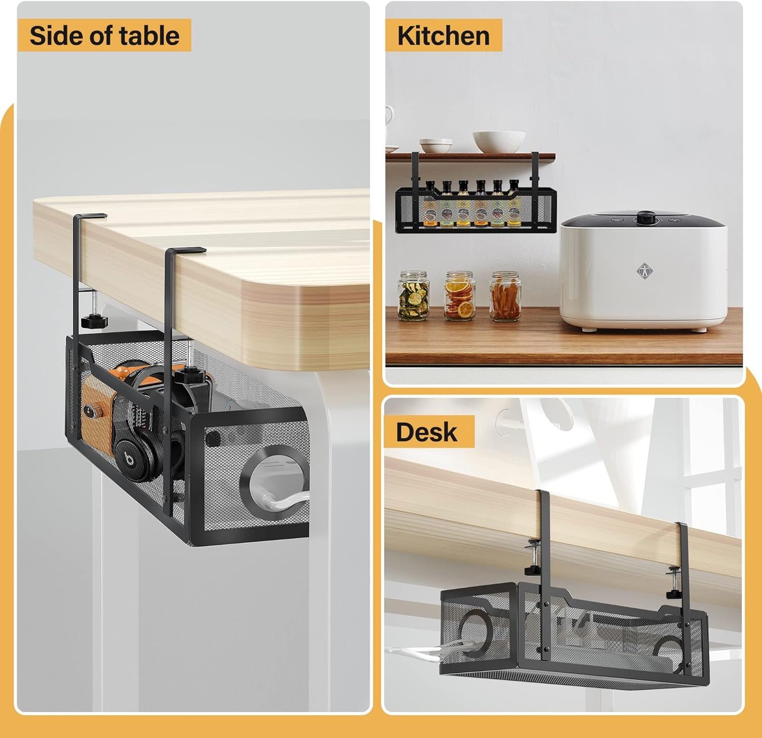 Under Desk Cable Management Tray Black,  Wire Organizers No Drill, Cable Tray with Clamp for Wire Management, Cord Organization Box for Office, Home - No Damage to Desk