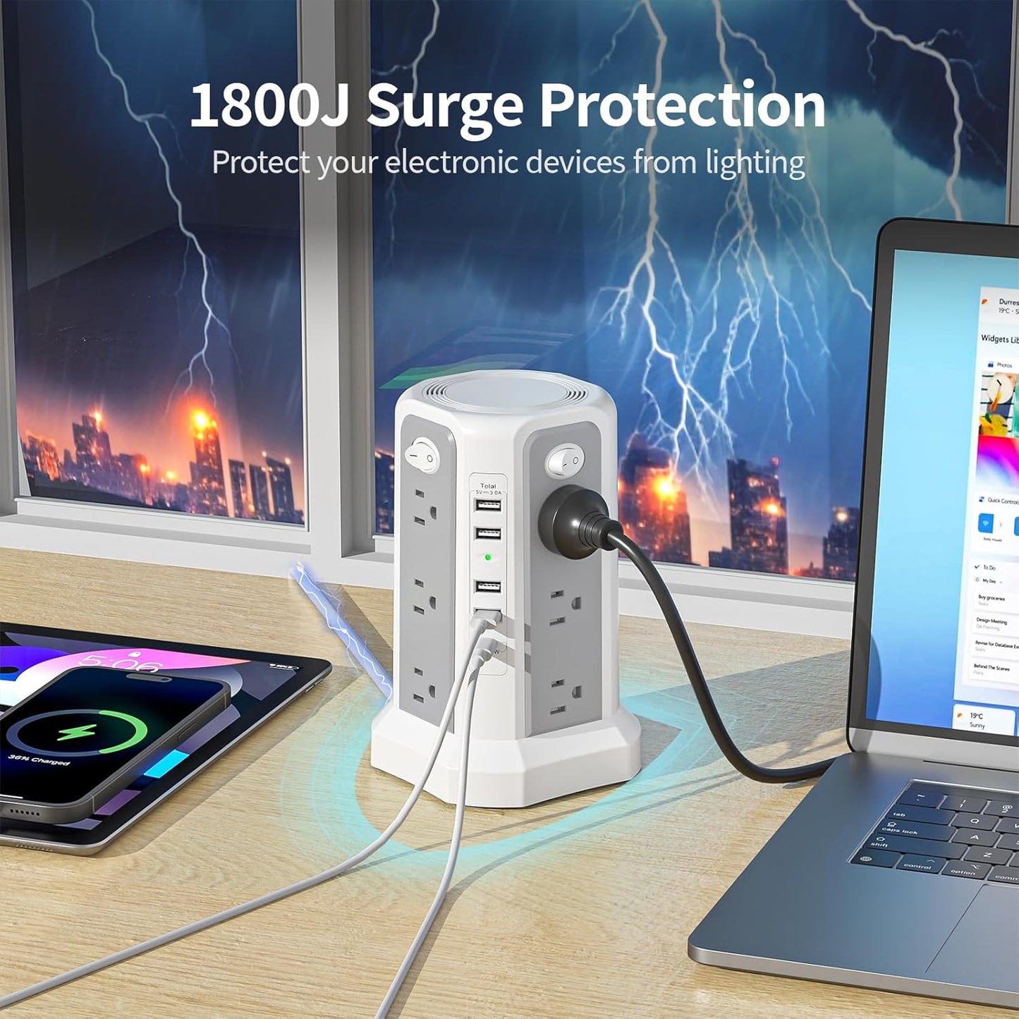 Surge Protector Power Strip Tower with USB C Port(Pd18W),10Ft Extension Cord with 12 AC Outlets 5 USB Charging Ports,  Power Tower Surge Protection for Home Office Dormroom