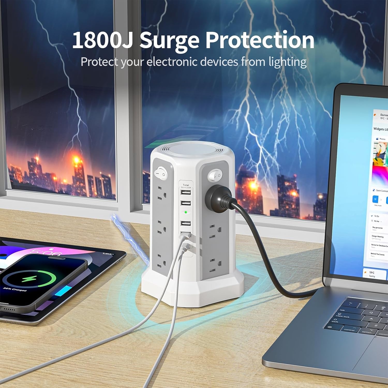 Surge Protector Power Strip Tower with USB C Port(Pd18W),10Ft Extension Cord with 12 AC Outlets 5 USB Charging Ports,  Power Tower Surge Protection for Home Office Dormroom