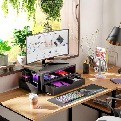 Monitor Stand Riser and Computer Wood Desk Organizer with Drawer and Pen Holder for Laptop, Computer, Imac, Black