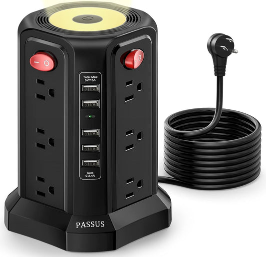 Surge Protector Power Strip Tower with 5 USB Ports and Night Light,10Ft Extension Cord with 12 AC Multiple Outlets,  Power Tower Overload Protection for Home Office Dorm Room Essentials(Black)