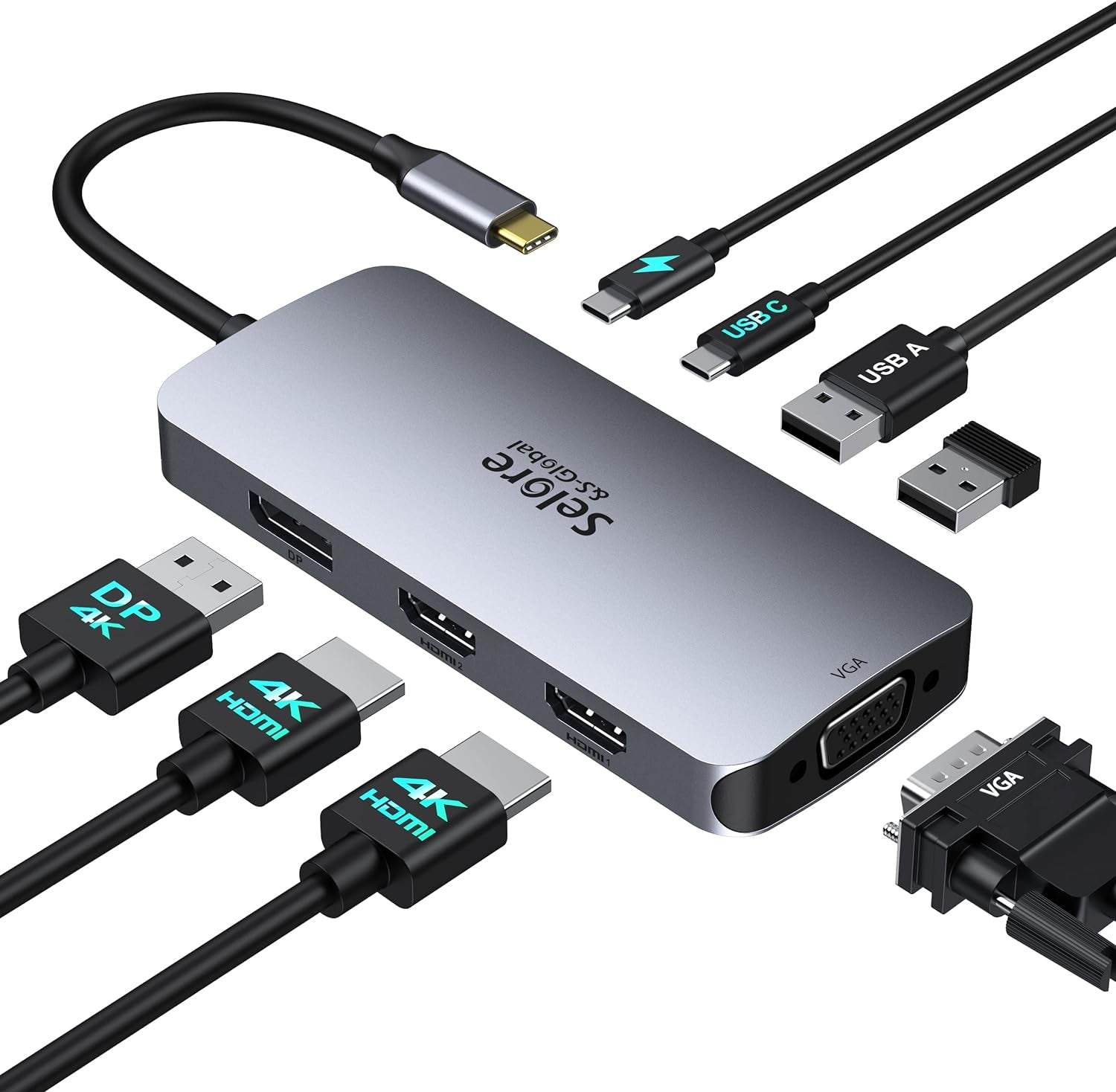 USB C Docking Station Dual HDMI Monitor Adapter, Selore USB C Hub 3 Monitors Adapter with Dual HDMI, Displayport, VGA, 100W PD Charging, 3USB 2.0 Ports Adapter for Dell XPS, HP, Lenovo, Etc