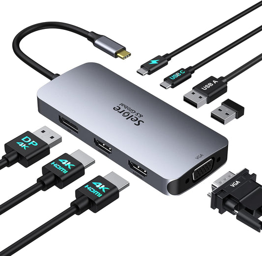 USB C Docking Station Dual HDMI Monitor Adapter, Selore USB C Hub 3 Monitors Adapter with Dual HDMI, Displayport, VGA, 100W PD Charging, 3USB 2.0 Ports Adapter for Dell XPS, HP, Lenovo, Etc