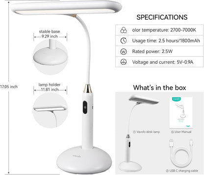 LED Desk Lamp 6778B - Touch Control, Adjustable 2700-7000K Color Temperature, 700 Lumens, 360° Flexible Gooseneck, USB-C Charging, 2.5Hrs Cordless, Eye-Caring Light (White)