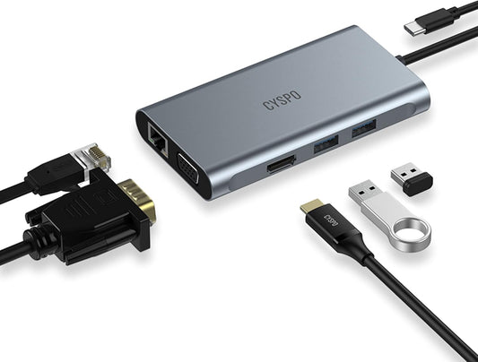 USB C Hub Docking Station, 6-In-1 Dual Monitor Adapter with 4K HDMI, 1080P VGA, 2 USB 3.0 Ports, 100W PD Charging Input, Gigabit Ethernet – Compatible with Macbook, Dell, HP, Lenovo, and More